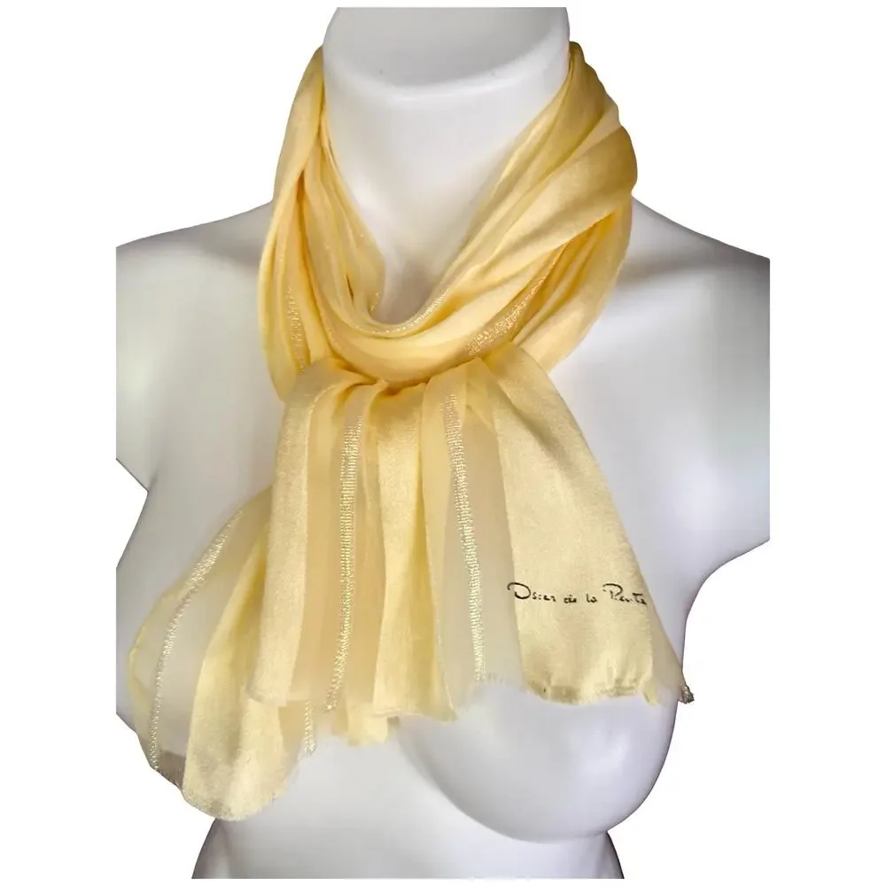 Vintage 70s Oscar de la Renta Silk Scarf Butter Yellow Lurex Stripe Japan 10X52